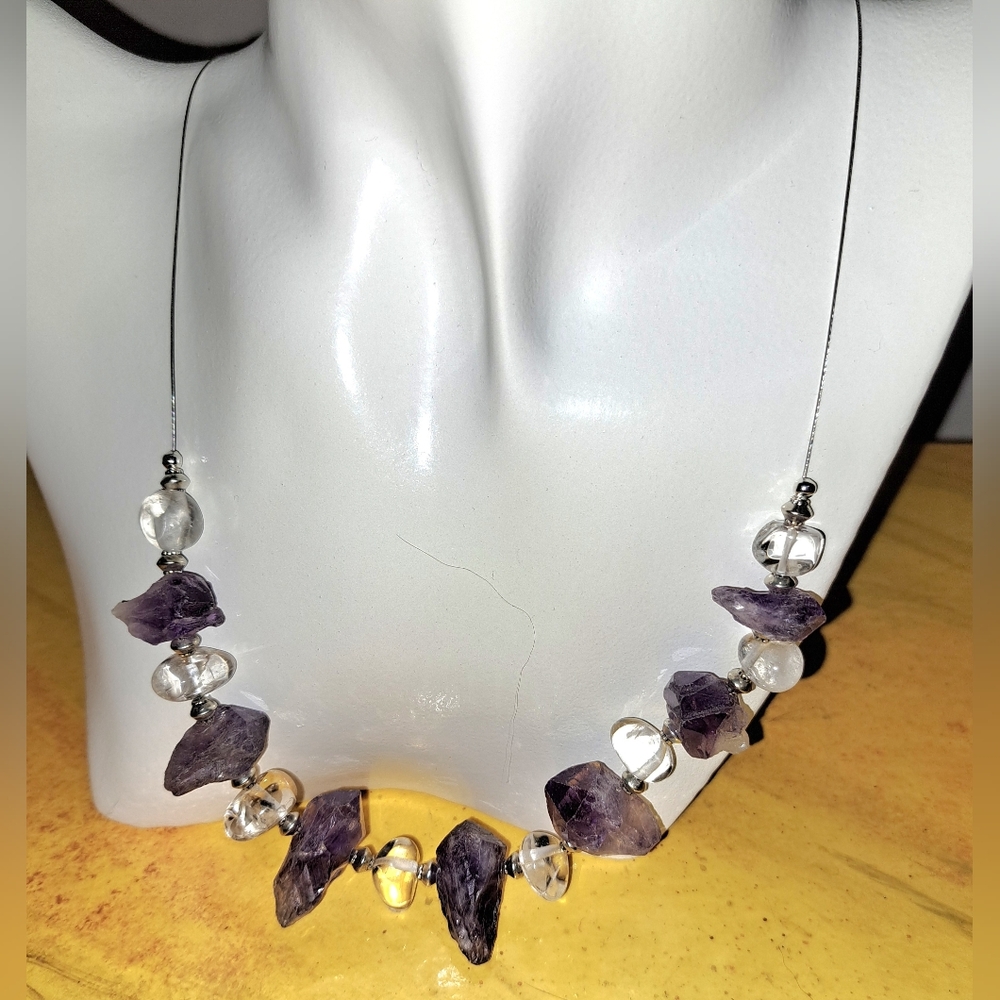 Raw Natural Amethyst Crystal & Polished Clear Crystal Nugget Quartz Necklace